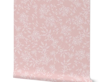 Dusty Pink Toile Wallpaper, Vintage Floral, Removable Peel and Stick