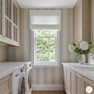 Classic Light Blue and pastel yellow Preppy Stripe Wallpaper ideas_ DIY Cabana Stripe Peel and Stick Wallpaper Removable and great for Kids