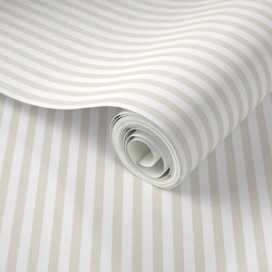 White and Blank Canvas Classic traditional even stripe wallpaper. Neutral beige Peel and Stick Wallpaper perfect for traditional home decor