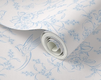 Blue Toile Peel and Stick Wallpaper, French Country Floral, Removable