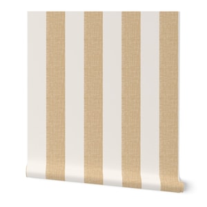 Papier peint amovible à rayures blanc cassé et jaune moutarde. Revêtement mural classique à rayures régulières. Option de recoloration personnalisée.