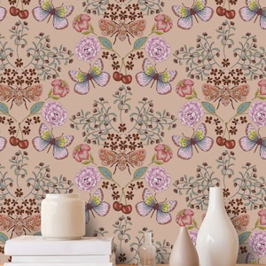 Nature&#39;s Poem Butterfly Floral Wallpaper Spring Home decor. DIY Removable Pre-Pasted or Peel and Stick Wallpaper perfect for accent wall