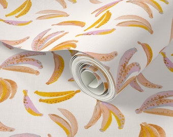 Mini Watercolor Bananas fruit. Removable Smooth Pre-Pasted or Peel and Stick Faux Woven Wallpaper
