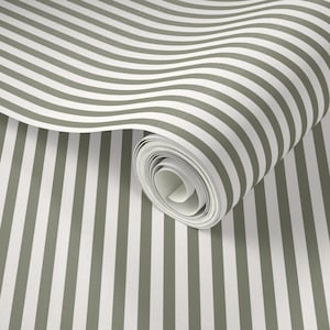 Off White and Muted dusty Olive Classic traditional even stripe wallpaper. Green Peel and Stick Wallpaper perfect for traditional home decor