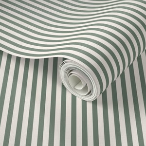 Off White and Loden Frost. Dusty Green Classic stripe Wallpaper. Removable Smooth Pre-Pasted or Peel and Stick Faux Woven Wallpaper. Swatch