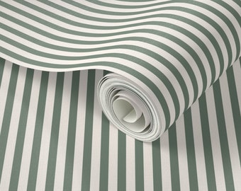 Off White and Loden Frost. Dusty Green Classic stripe Wallpaper. Removable Smooth Pre-Pasted or Peel and Stick Faux Woven Wallpaper. Swatch