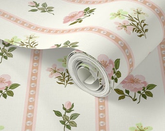 Vintage Pretty floral stripe wallpaper_ Removable Smooth Pre-Pasted or Peel and Stick Faux Woven Wallpaper. Kids Room