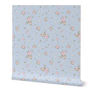 Vintage Cottage Core Rose floral Wallpaper.Removable Light blue Pink country floral Coquette Rose Wallpaper Peel and Stick nursery wallpaper