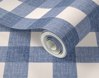 May include: A roll of blue and white gingham patterned wallpaper. The wallpaper has a textured linen look.