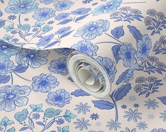 Vintage Cheerful Ditsy Blue floral large_ Removable Smooth Pre-Pasted or Peel and Stick Faux Woven Wallpaper. Kids Room