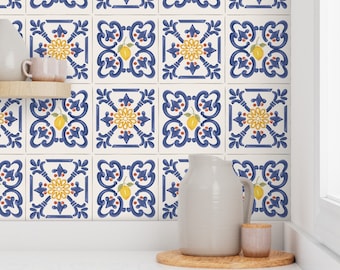Italian Lemons Ceramic Tile Design. Removable Smooth Pre-Pasted or Peel and Stick Faux Woven Wallpaper. Test Swatch