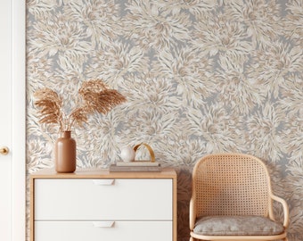 Oversized Neutral Wild floral Wallpaper  _Neutral Cream and gray. Removable Smooth or Faux woven Peel and Stick