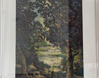 Stary obraz temperowy „W obliczu rzeki” 1988.