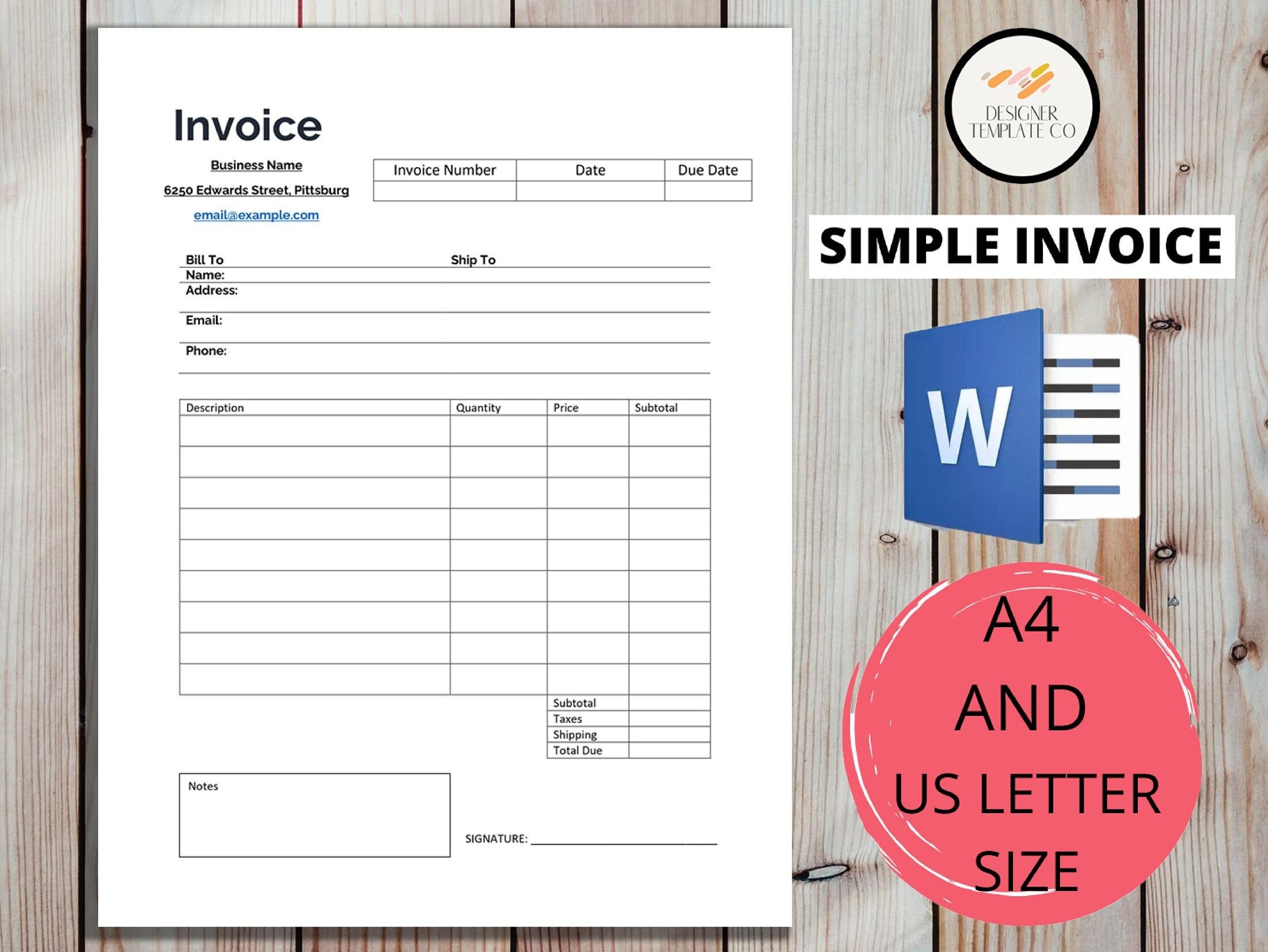 invoice template printable invoice business form word etsy