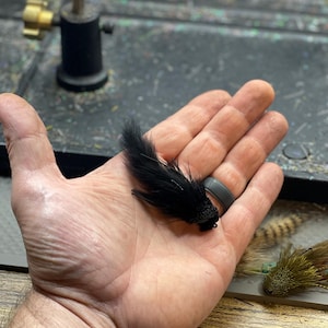 May include: A black fly fishing lure with a fluffy, feather-like appearance. The lure is held in a hand, showcasing its intricate design and texture. Additional fishing flies are visible in the background, suggesting a collection of angling accessories.