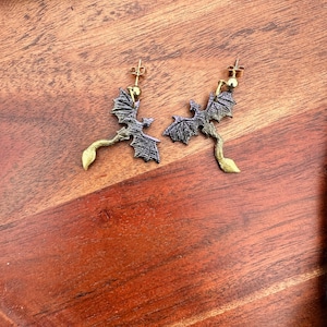 Dragon Earrings Dangle - Ombre Black Gold dragons, Bookish Earrings, Whimsigoth earrings