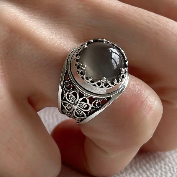 Grauer Mondstein 925 Sterling Silber Ring, Artisan Made Handgefertigte Filigrane Kunst Statement Ring