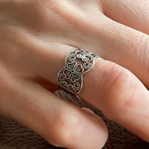 925 Sterling Silver Filigree Art Band Ring Super Light Handcrafted Flower Design Band Ring Perfect Gift Option for Her