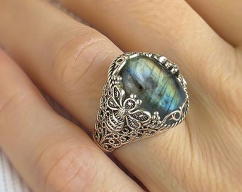 Labradorite Gemstone 925 Sterling Silver Women Ring, Filigree Art Bee Detailed Blue Topaz, Malachite, Mother of Pearl Gemstone Cocktail Ring