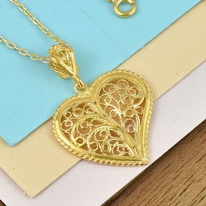 Gold Plated 925 Sterling Silver Filigree Tree of Life Heart Pendant Necklace, Solid Silver Handmade Charm Necklace, Love Pendant Necklace