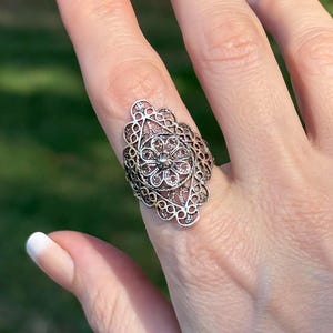 Sterling Silver Women Lace Long Ring, Handcrafted Lace Embroidery Filigree Art Statement Bold Ring