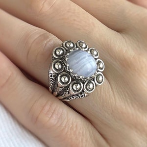 Blue Lace Agate Statement Ring, Sterling Silver Filigree Chunky Ring