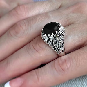 925 Sterling Silver Filigree Art Black Onyx Gemstone Dome Ring, Solid Silver Handmade Women Cocktail Ring, Silver Leaf Detailed Ring Size 9
