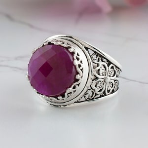 925 Sterling Silver Ruby Corundum Cocktail Ring, Artisan Made Handcrafted Filigree Art Women Statement Ring, Gift Boxed