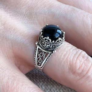 925 Sterling Silver Filigree Greek Key Women Cocktail Ring, Black Onyx Gemstone Meander Everyday Use Ring, Size 5-12.5, Gift Boxed