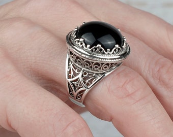Black Onyx 925 Sterling Silver Bold Ring Artisan Made Handcrafted Filigree Art Bold Ring Gift for Her