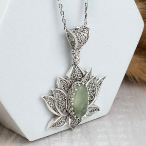 Natural Prehnite Gemstone Sterling Silver Lotus Flower Design Woman Pendant Necklace, Filigree Art Third Eye Chakra Woman Necklace