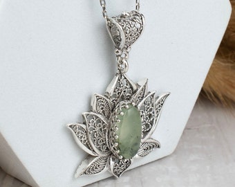 Natural Prehnite Gemstone Sterling Silver Lotus Flower Design Woman Pendant Necklace, Filigree Art Third Eye Chakra Woman Necklace