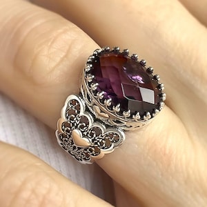 925 Sterling Silver Filigree Art Heart Detailed Women Cocktail Ring, Handmade Solid Silver Amethyst Gemstone Everyday Use Ring
