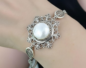 Silber filigrane Mutter der Perle Statement Armband, Blumen Design Grand Chunky Weit Boho Schmuck