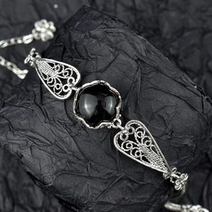Black Onyx Silver Gothic Dark Aesthetic Bracelet, Unique Handmade Edgy Charm Bracelet Gift, Victorian Retro Women Statement Jewelry