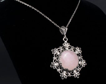 925 Sterling Silver Rose Quartz Gemstone Charm Pendant Necklace, Filigree Handmade Daisy Flower Women Pendant Necklace, Pink Stone Pendant