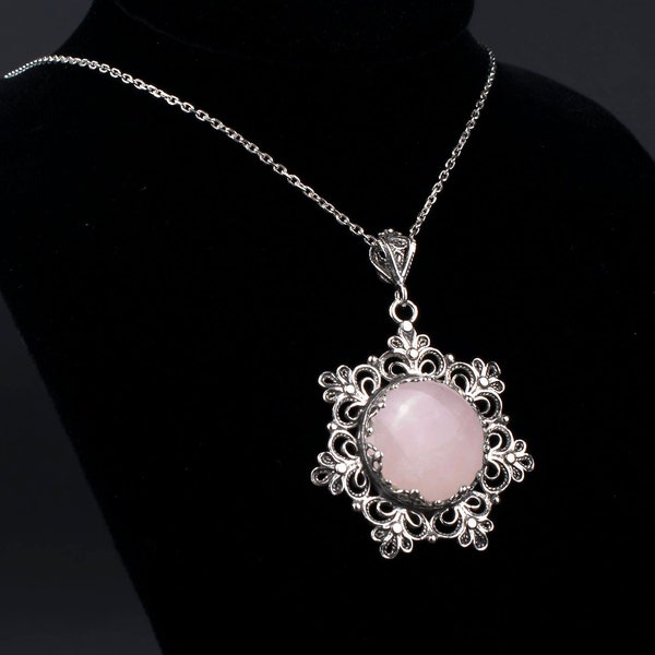 925 Sterling Silver Rose Quartz Gemstone Charm Pendant Necklace, Filigree Handmade Daisy Flower Women Pendant Necklace, Pink Stone Pendant
