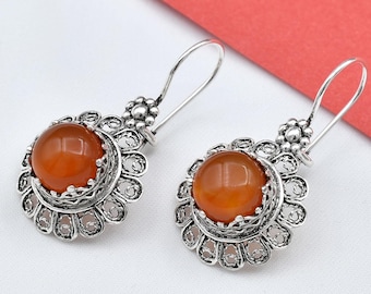 Carnelian Silver Filigree Boho Drop Earrings, Handmade Red Stone Women Statement Jewelry
