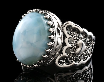 Larimar Gemstone 925 Sterling Silver Filigree Art Heart Detailed Women Cocktail Ring, Handmade Solid Silver Everyday Use Gift Ring