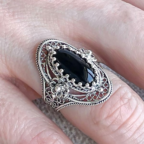 925 Sterling Silver Black Onyx Gemstone Woman Cocktail Oval Ring, Artisan Made Handcrafted Filigree Art Statement Ring, Gift Boxed