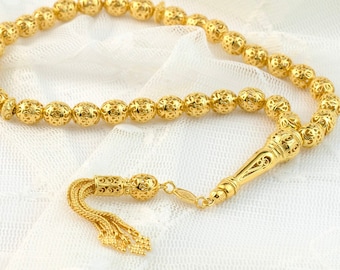 Vergulde 925 sterlingzilver handgemaakte filigraankunst 33 stuks tasbih, massief zilveren gebedsmisbaha, zorgkralen moslim