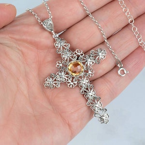 Citrine Sterling Silver Filigree Cross Boho Pendant Necklace with 20 &quot; Chain