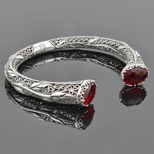 Sterling Silver Filigree Art Women Hinged Bangle Bracelet, Citrine, Ruby Quartz Gemstone Hinged Cuff Bracelet, Thanksgiving Jewelry Gift Her