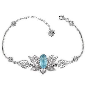 Sky Blue Topaz Gemstone 925 Sterling Silver Woman Link Bracelet, Filigree Art Lotus Flower Design Adjustable Bracelet, Anniversary Gift Her