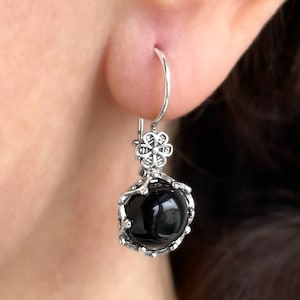 Schwarzer Onyx Edelstein Sterling Silber Handgemachte Filigrane Kunst Frauen zierliche Tropfen Ohrringe, Grüner Achat, Perlmutt, Mondstein Licht Ohrringe