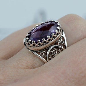 Amethyst 925 Sterling Silver Cocktail Ring Artisan Made Handcrafted Filigree Art Cocktail Ring