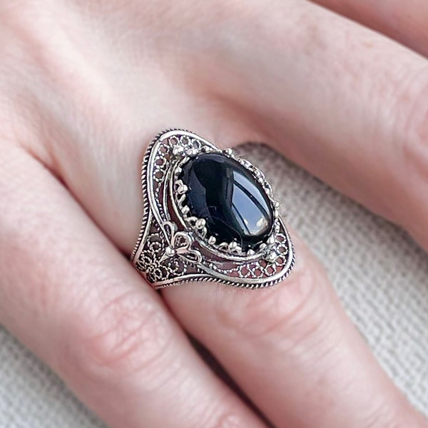 Schwarze Onyx Edelstein 925 Sterling Silber Frau Cocktail Oval Ring, Handgefertigte filigrane Kunst Frau Statement Ring, Jubiläumsgeschenk Ring Her