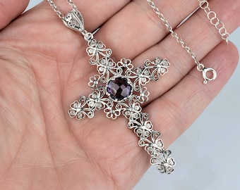 Amethyst Sterling Silber Filigree Kreuz Boho Anhänger Halskette mit 20 "Kette