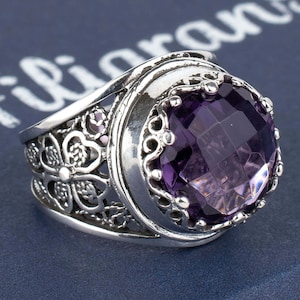 925 Sterling Silver Women Amethyst Cocktail Ring, Artisan Made Handcrafted Filigree Art Gemstone Women Ring, Everyday use Statement Ring