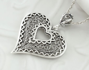 925 Sterling Silver Filigree Art Heart Pendant Necklace, Solid Silver Heart in Heart Women Charm Pendant, Handmade Silver Love Necklace